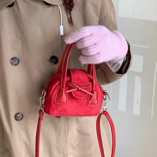 赵昭仪同款红色迷你麂皮绒包包女复古小众波士顿保龄球斜挎小包潮