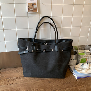 美式小众复古托特包包女大容量美拉德百搭通勤单肩手提包黑色大包