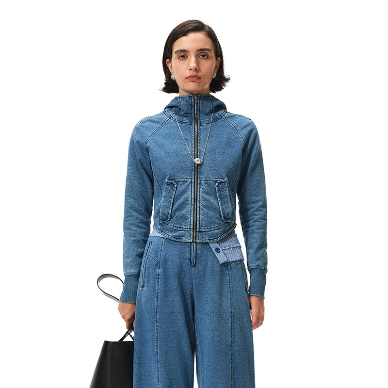 N&middot;MORE设计师品牌 牛仔蓝针织弧形口袋装饰连帽开衫