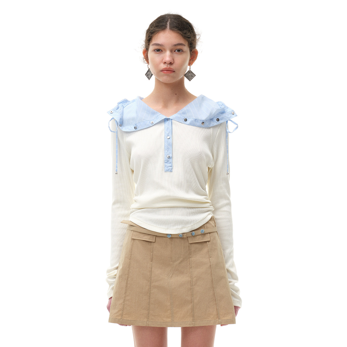 N·MORE设计师品牌 白色春季假两件修身长袖t恤薄款针织帽衫女