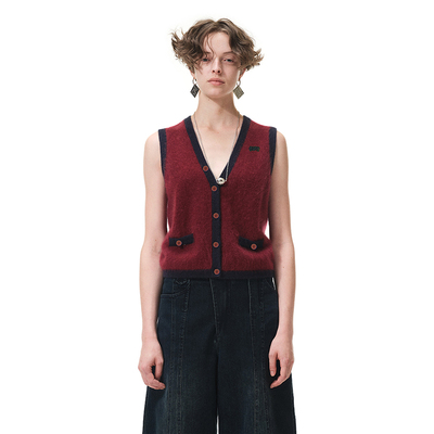 N·MORE设计师品牌 勃艮第红撞色双兜装饰羊绒马甲