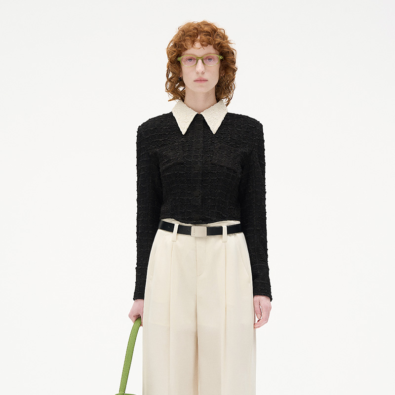 N·MORE设计师品牌 春夏奶油白泡泡纱肌理弧形摆短外套简约外套