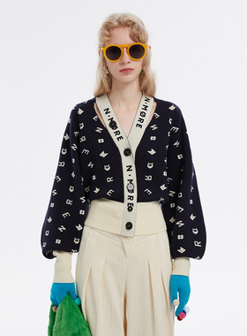N·MORE设计师品牌 【胡可同款】字母提花V领长袖针织开衫毛衣