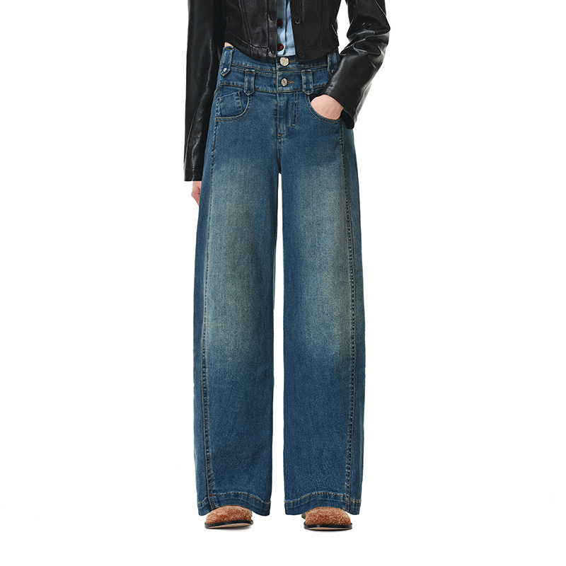 N·MORE设计师品牌 牛仔蓝双腰头装饰直筒裤