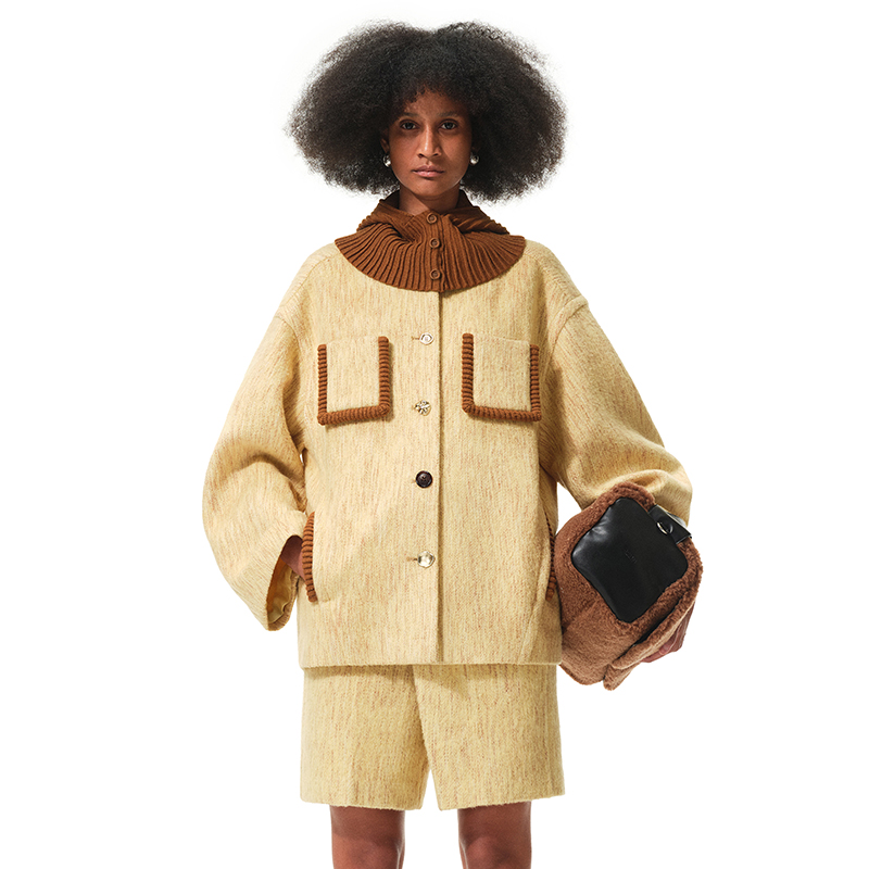 N·MORE设计师品牌 葵扇黄驼色彩纱毛呢廓形大衣