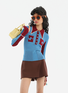 N·MORE设计师品牌 秋冬 地衣蓝葡紫波浪领主题提花针织衫