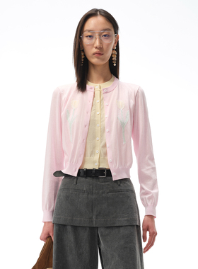 NMORE设计师品牌 26春季新款 芭比粉郁金香假两件拼色针织开衫