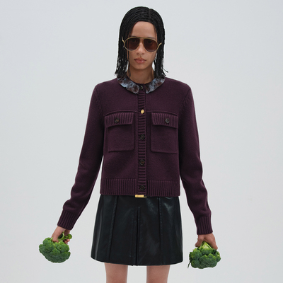 NMORE设计师品牌 25秋季新款 暮酒绛装饰格纹领羊毛针织开衫