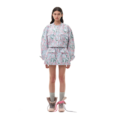 新春万花筒裸晶粉织锦提花短裙