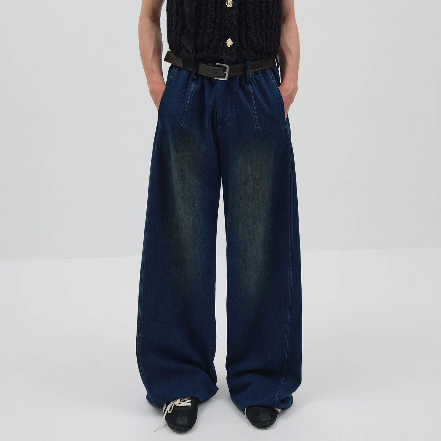 NMORE设计师品牌 25秋季新款 夜色蓝松紧腰装饰腰带长裤