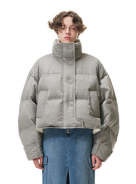 N·MORE设计师品牌  灰色L型门板立领短款鹅绒羽绒服女