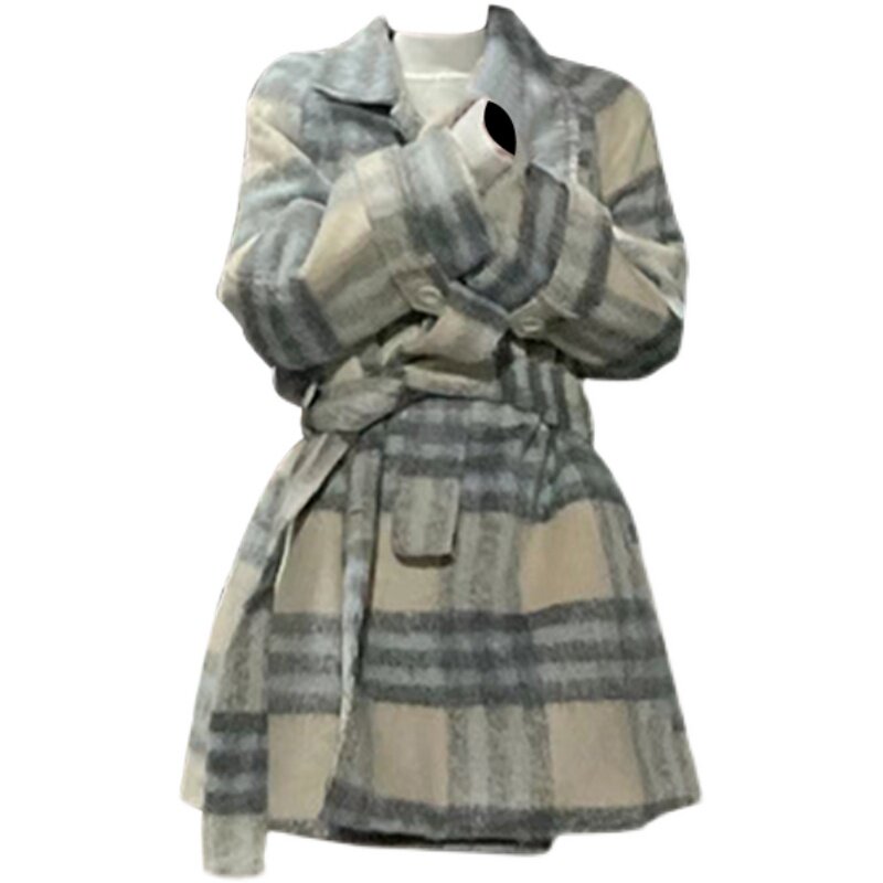 BLUE AND WHITE PLAID WOOLEN COAT WOMENS AUTUMN AND WINTER 2025 AGE-REDUCING LAZY STYLE DESIGN SENSE NICHE SHORT COAT WOMEN