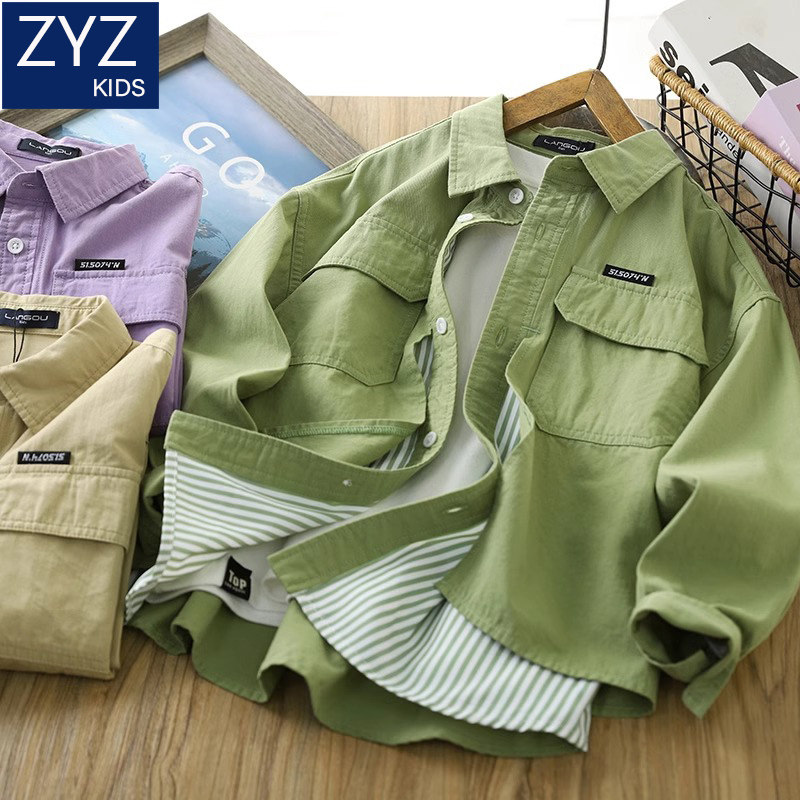 男童春季长袖衬衫2026新款儿童假两件薄款外套中大童翻领时尚衬衣