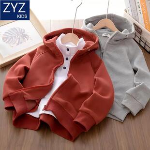 男童春秋薄绒童装外套2026新款中大童男孩酷帅连帽拉链儿童夹克衫
