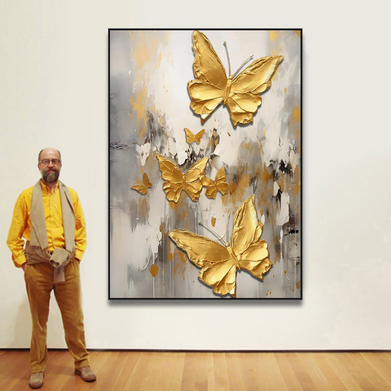 手绘油画立体肌理画金蝶纷飞客厅装饰画轻奢简约金箔抽象玄关挂画图片