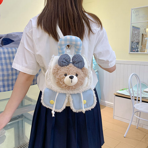 日系卡通小熊毛绒双肩包女学生书包通勤可爱洛丽塔背包格子蝴蝶结