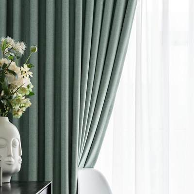 遮光窗帘薄荷绿月珑纱新款法式纯色阳台卧室飘窗轻奢棉麻条纹窗帘