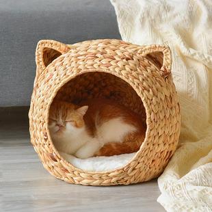 清凉天然蒲草手工编织宠物屋半封闭猫别墅四季 藤编猫窝夏季 通用