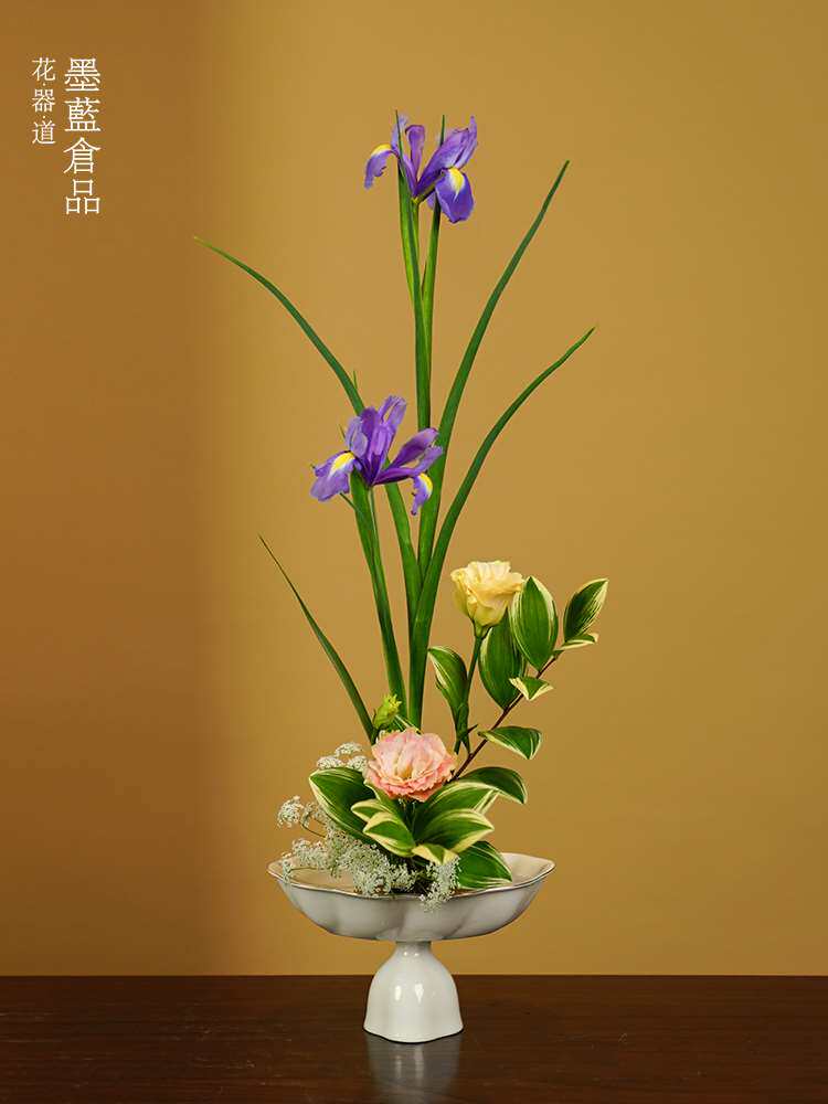 墨蓝花器小原流公主日式插花直立开放手工陶瓷金边果盘型花道课用