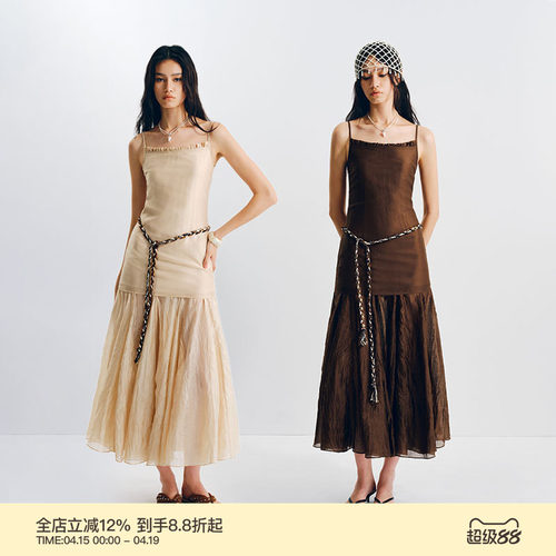 PUKI天丝软糯亲肤透气连衣裙夏季原创复古收腰显瘦多层次吊带长裙