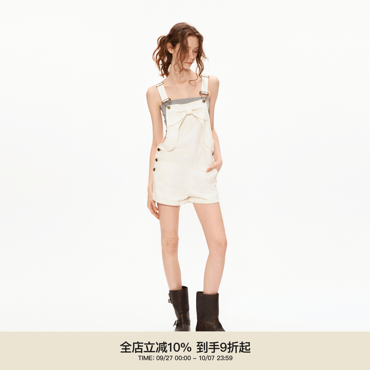 PUKI牛仔立体蝴蝶结美式复古设计感水洗收腰显瘦阔腿工装背带短裤