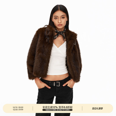 PUKI 复古七分袖环保皮草 染尖狐狸毛短款皮扣立领外套