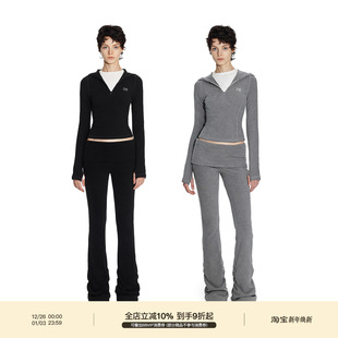 假两件微喇长裤 PUKI 卫衣套装 连帽v领多穿舒适长袖 热皮薄绒