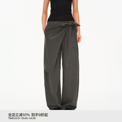 PUKI 不对称褶裥西裤 中腰蝴蝶结裹系弯刀休闲长裤