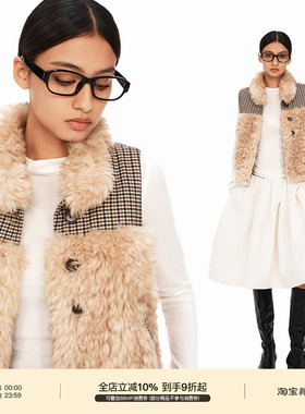 PUKI 复古格纹拼接马甲 染尖环保皮草羊羔绒立领外套