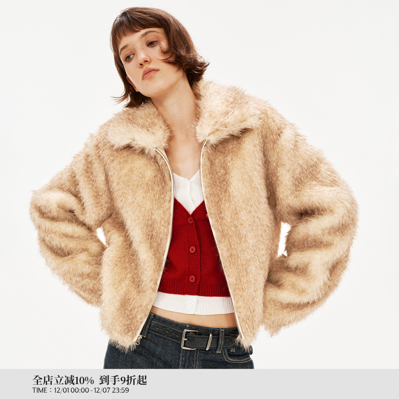 PUKI 染尖狐狸环保皮草 复古设计感翻领廓形短款外套