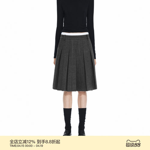 PUKI 知识分子 莫代尔复古撞色毛呢质感学院百搭半身百褶裙