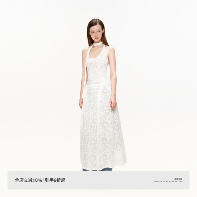 PUKI 微透提花连衣裙 美式辣妹无袖高级感度假风挂脖碎花叠穿长裙