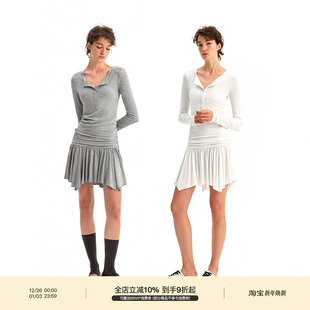 显瘦腰部抽褶设计长裙 复古松弛修身 PUKI 原创针织亨利领连衣裙