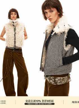 PUKI「双面两穿」环保羊羔绒马甲 原创复古格纹高领百搭拉链外套