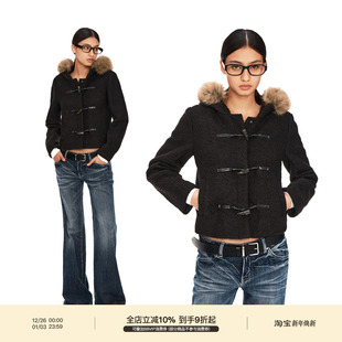 短款 修身 连帽毛领外套 600G重磅50%羊毛牛角扣肌理粗呢大衣 PUKI