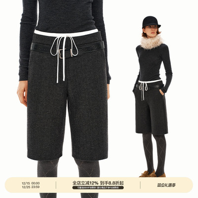 PUKI 50%羊毛毛呢中裤 双腰头设计感百搭直筒西裤