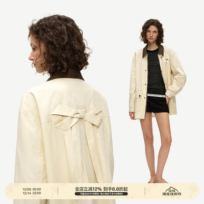 PUKI 原创蝴蝶结巴恩风夹克 经典复古撞色麂皮翻领工装外套