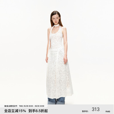 PUKI 微透提花连衣裙 美式辣妹无袖高级感度假风挂脖碎花叠穿长裙