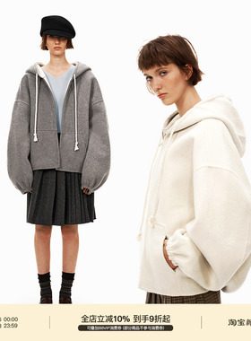 PUKI  68%绵羊毛 双面呢大衣 慵懒宽松连帽立体廓形保暖卫衣外套
