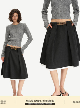 PUKI 特殊腰头设计 复古高智撞色A摆百搭伞裙长裙