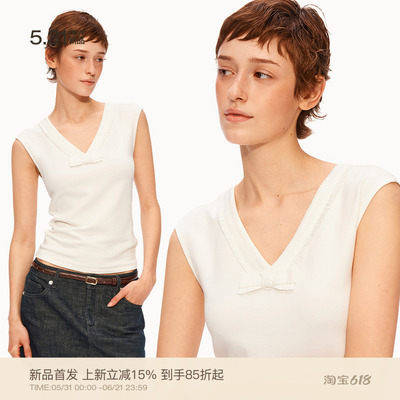 PUKI 立体蝴蝶结v领花边 松弛感简约修身无袖上衣