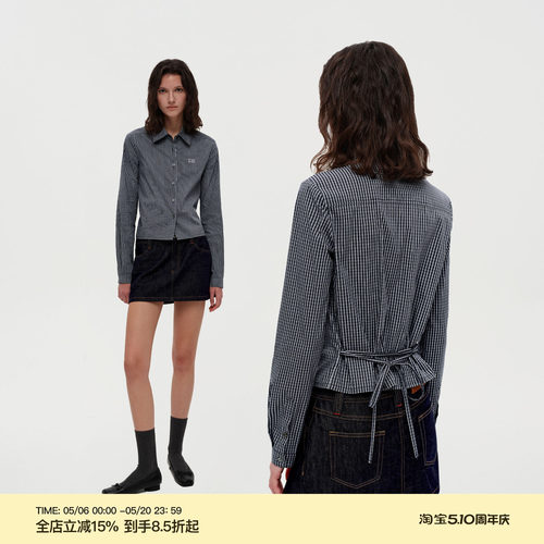 PUKI 两穿版型 复古知识分子叠穿简约格纹 绑带修身显瘦衬衫上衣