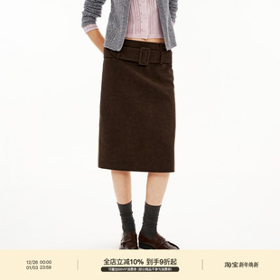 PUKI 冬季复古麂皮腰带半裙 绒感直筒百搭中长裙