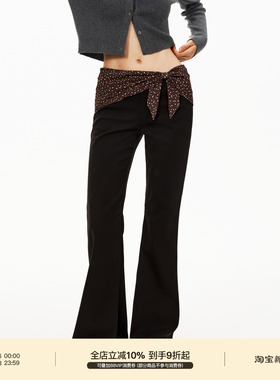 PUKI 原创叠穿假两件波点蝴蝶结撞色低腰修身显瘦微喇休闲裤