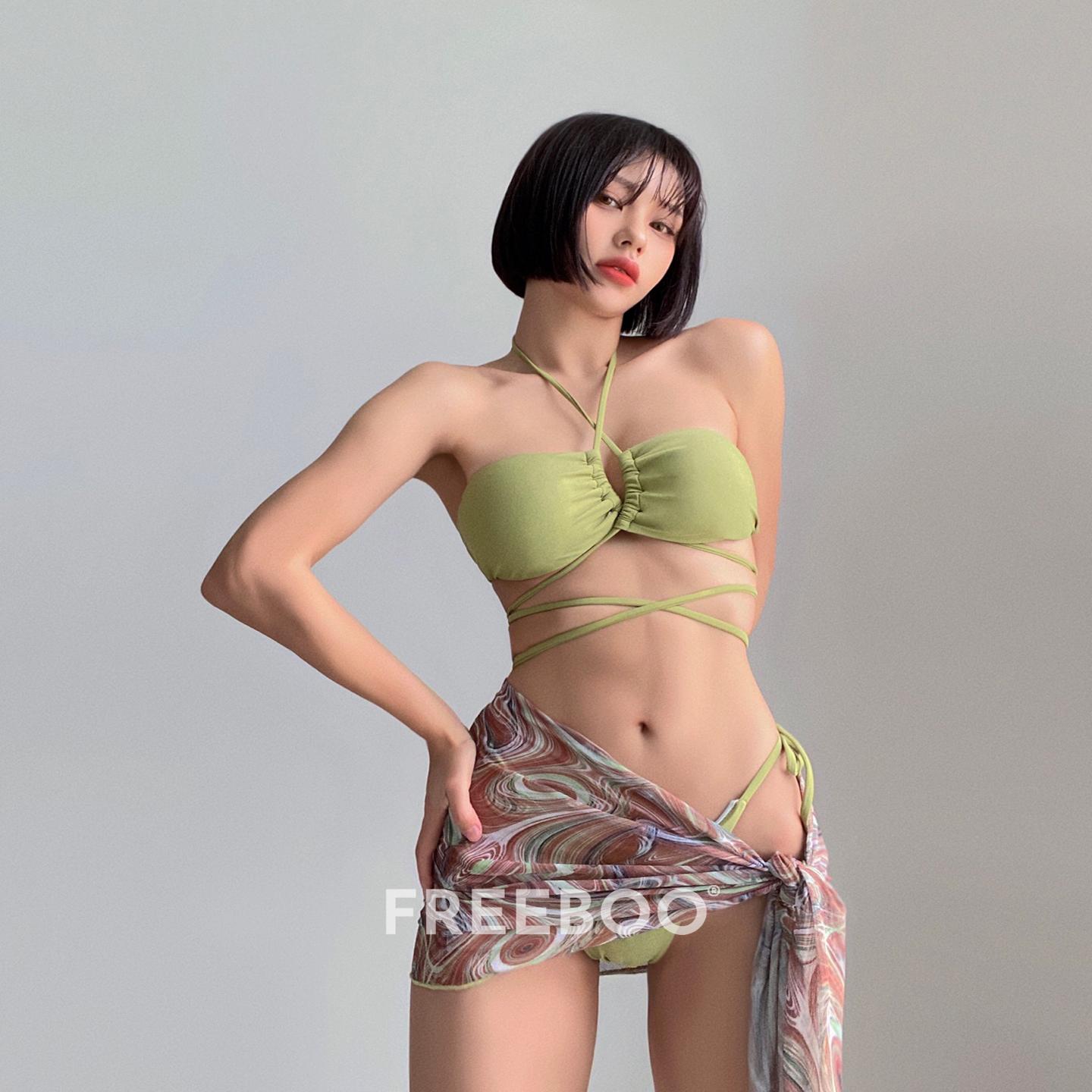 FREEBOO 原创设计三件套绳绑带短裙网纱比基尼泳装印花分体泳衣