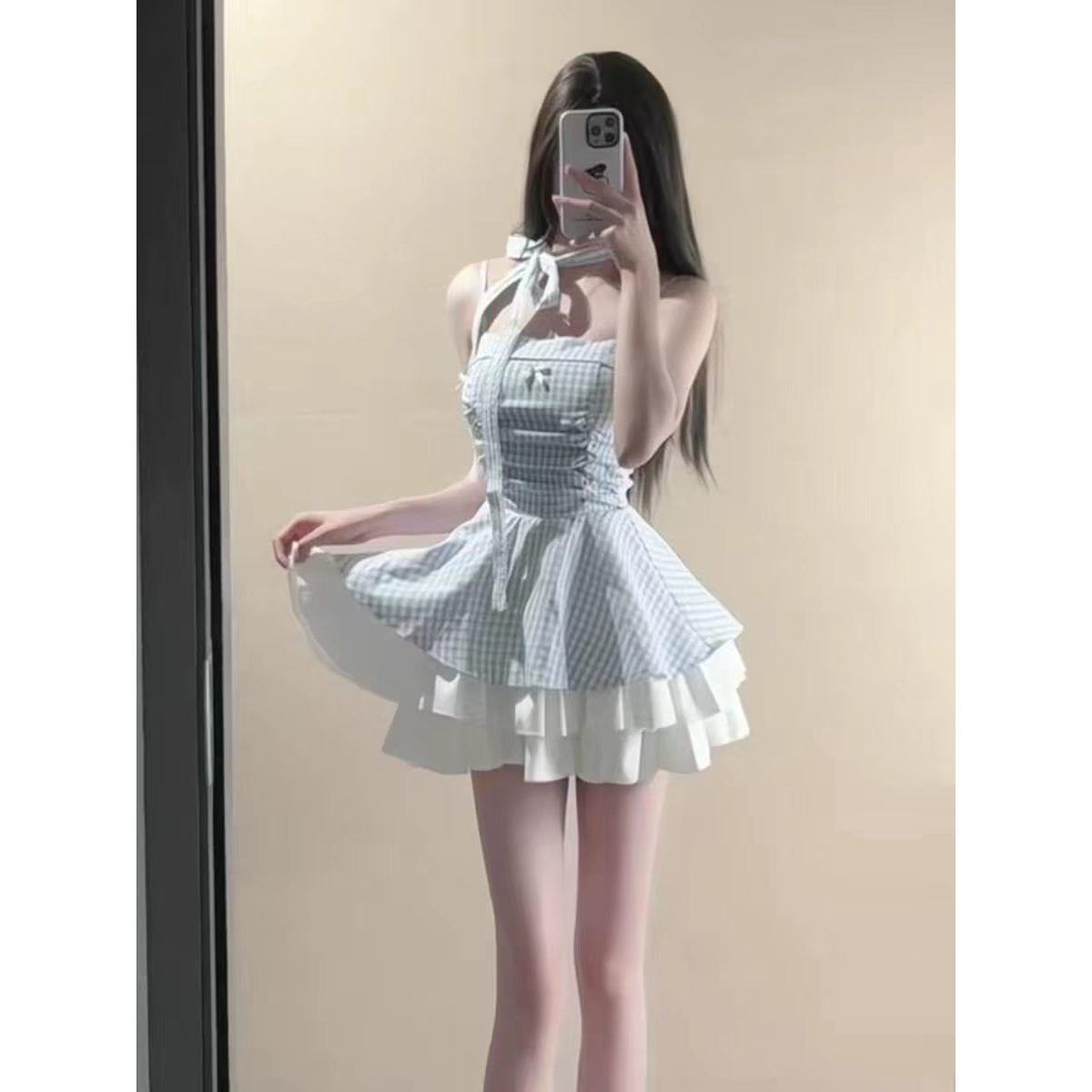 蓝色甜美风性感蝴蝶结小裙子吊带连衣裙女夏季裙子格纹蓬蓬裙短裙