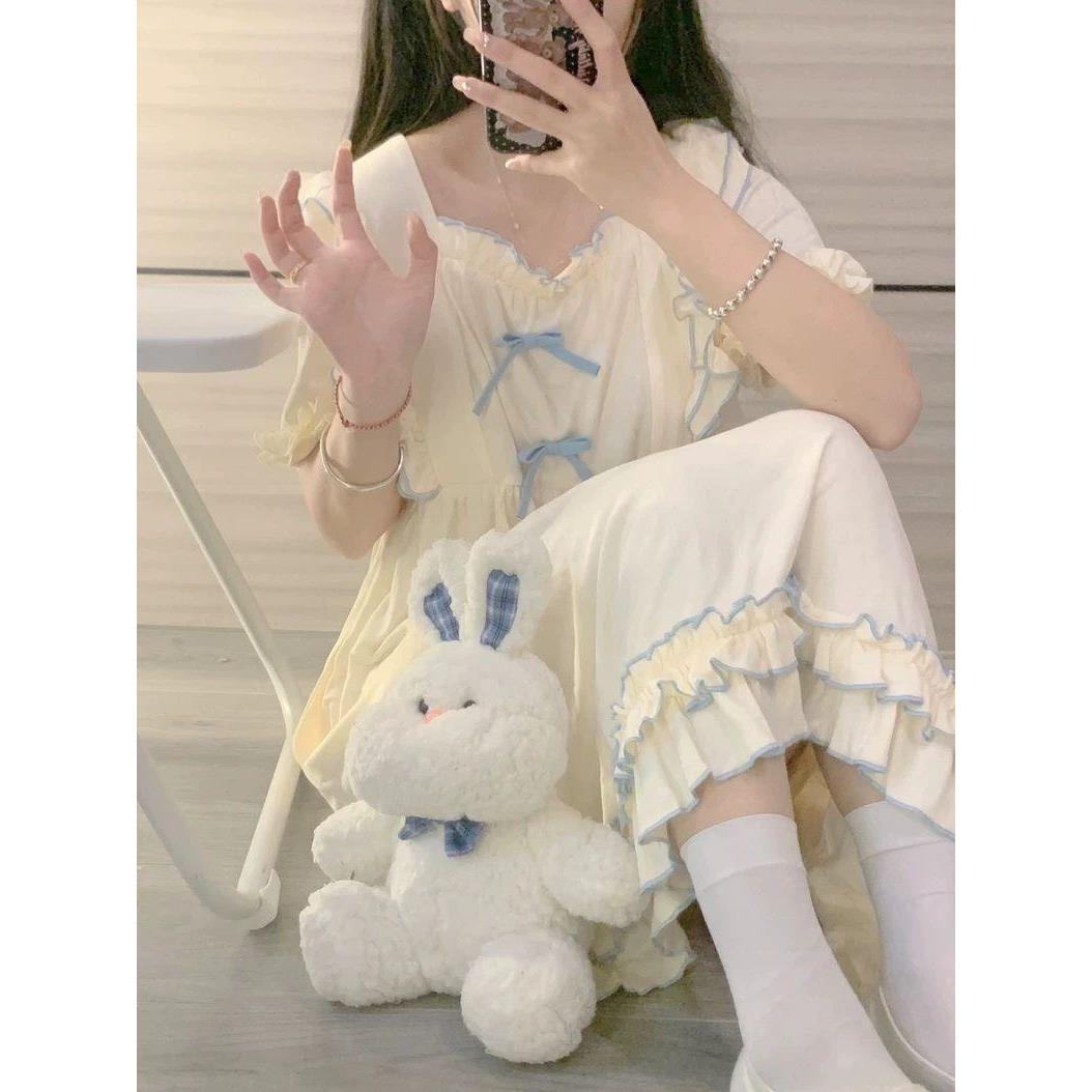 睡裙女夏天短袖纯棉网红风小个子可爱甜美公主风方领夏季睡衣裙子