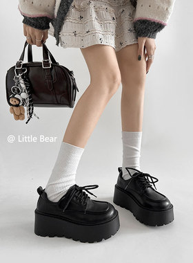 小熊出走厚底小个子增高小皮鞋女百搭复古英伦风乐福鞋黑色jk单鞋