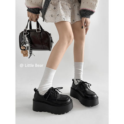 小熊出走厚底小个子增高小皮鞋女百搭复古英伦风乐福鞋黑色jk单鞋