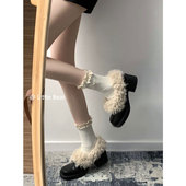 女秋冬加绒乐福高跟鞋 小熊出走氛围感粗跟毛毛鞋 复古玛丽珍小皮鞋